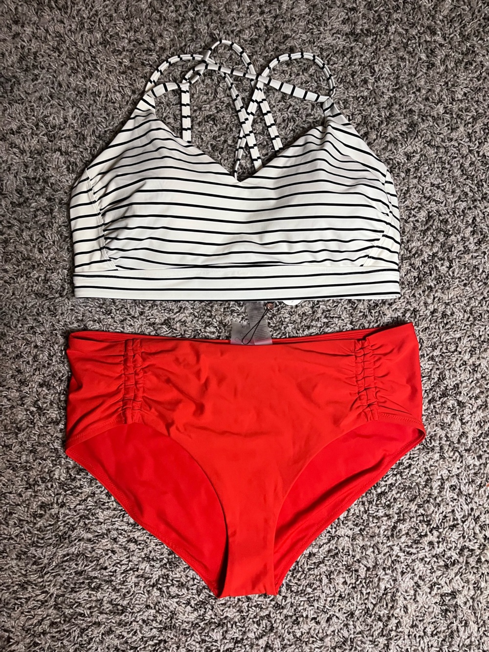 CALIA Mixed‎ Size Bikini Set Striped Strappy Top XXL Red Mid-Rise Bottom XL NEW